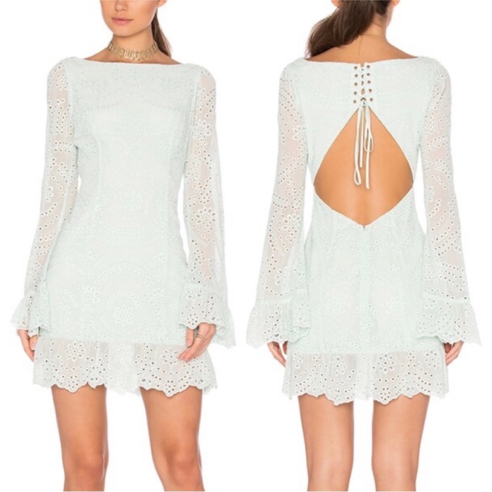 Majorelle Esmeralda Mini Dress Mint Eyelet Open Back Lace-up Crochet